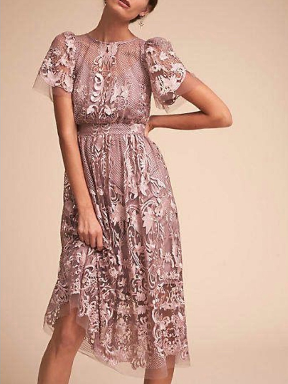 Anthropologie Blush Lace Midi Dress with Floral Appliqué. Used once